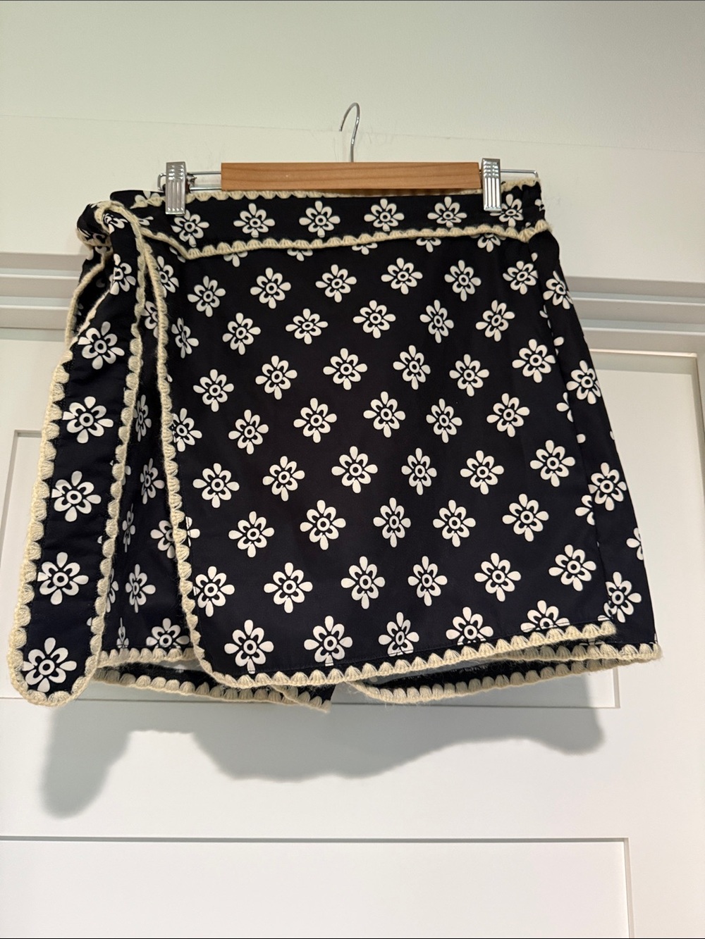 Black & Cream Floral Trim Wrap Skirt